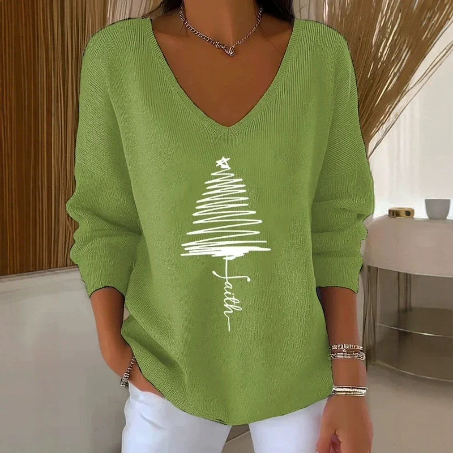 Christmas Tree Ribbon Print V-Neck Long-Sleeve T-Shirt