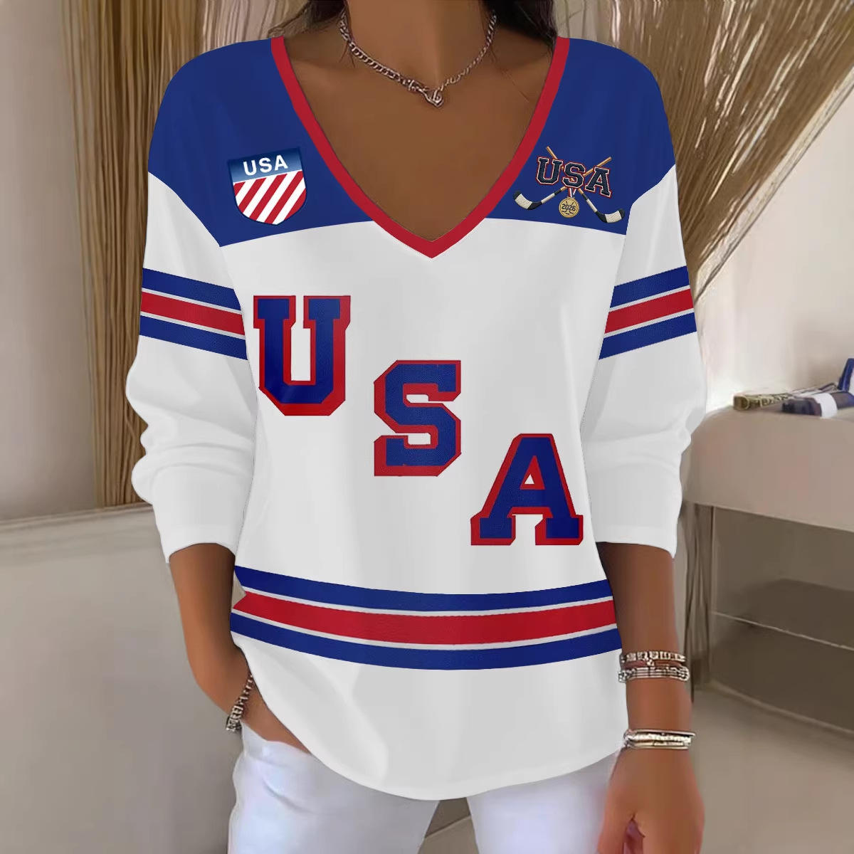 Women's V-Neck Long Sleeve Ice Hockey Graphic T-Shirt