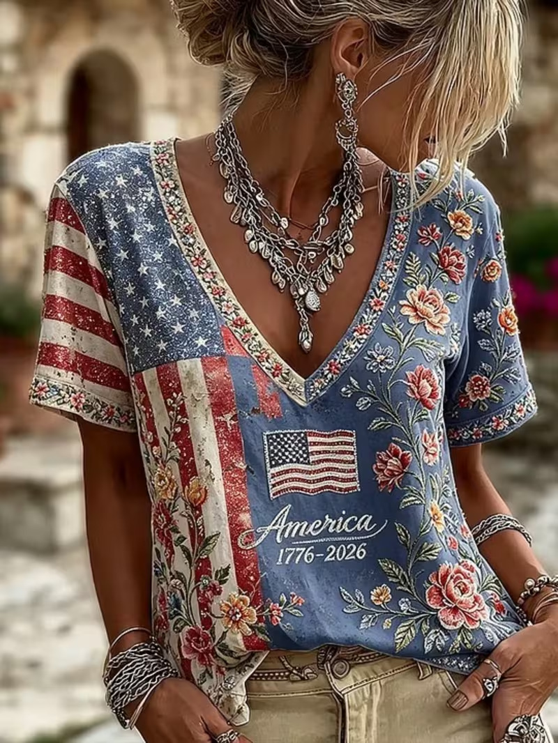 Floral Print V-Neck Short Sleeve Women's T-Shirt