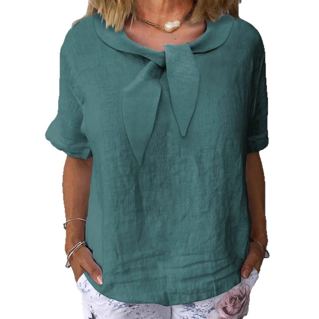 Women's Cotton-Linen Blend Short Sleeve V-Neck Solid Top
