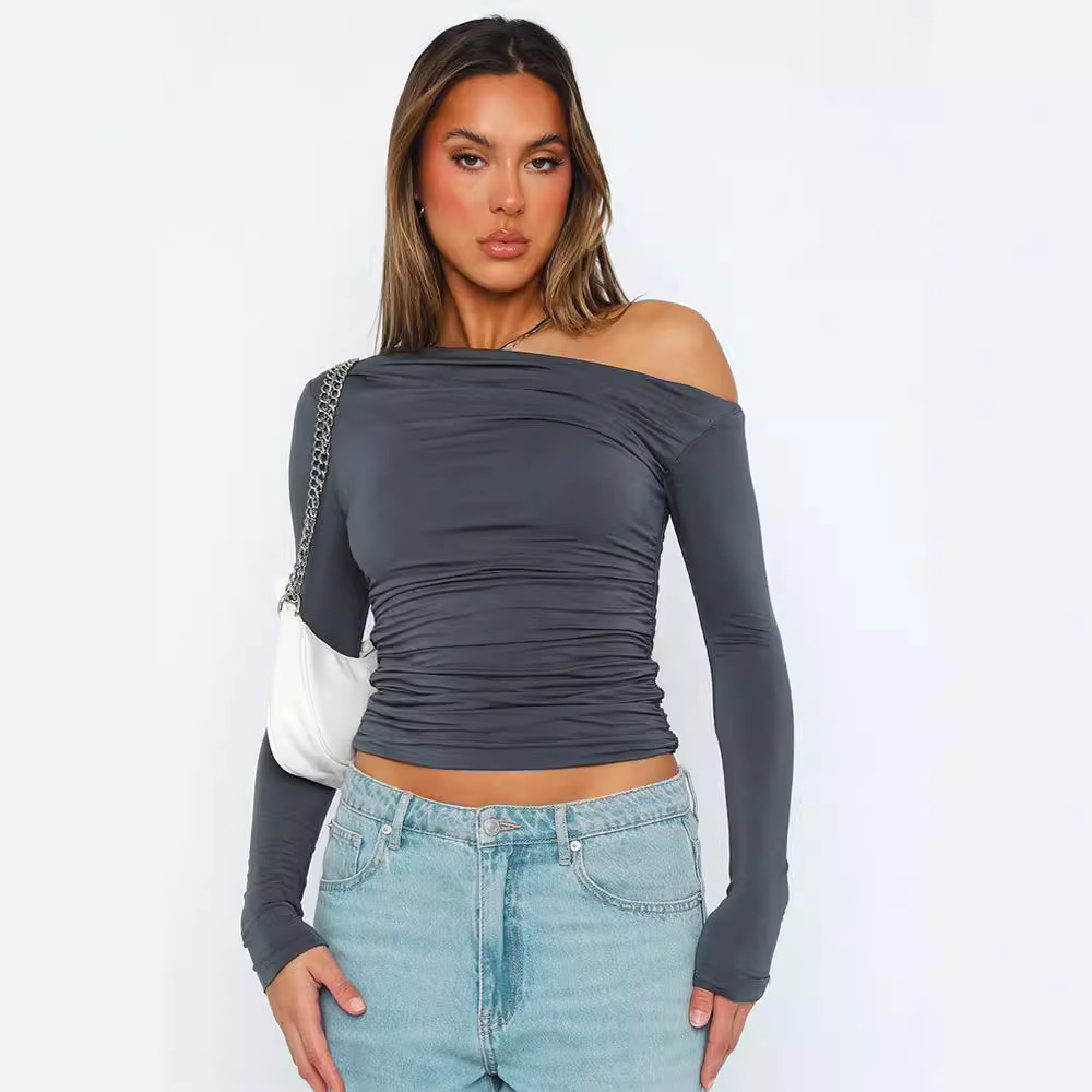 Women's One-Shoulder Long-Sleeve Ruched Crop Top