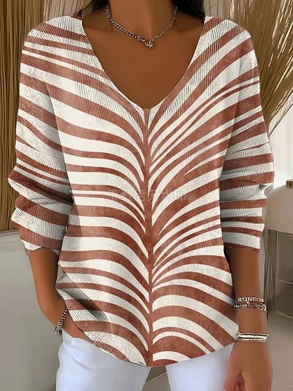 Colorful Leaf Striped V-Neck Long-Sleeve T-Shirt for Women
