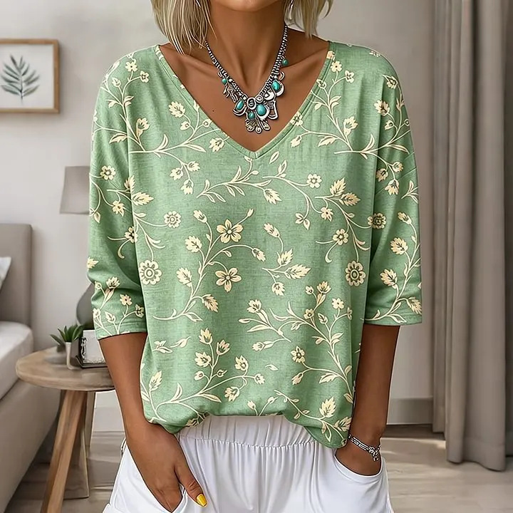 Floral Leaf Print V-Neck Half-Sleeve Women's T-Shirt