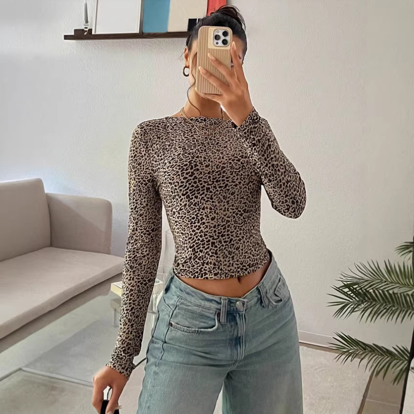 Women's Leopard Print Long Sleeve Crewneck T-Shirt