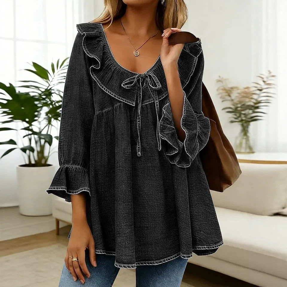 Women's Casual Loose V-Neck Ruffle Sleeve T-Shirt