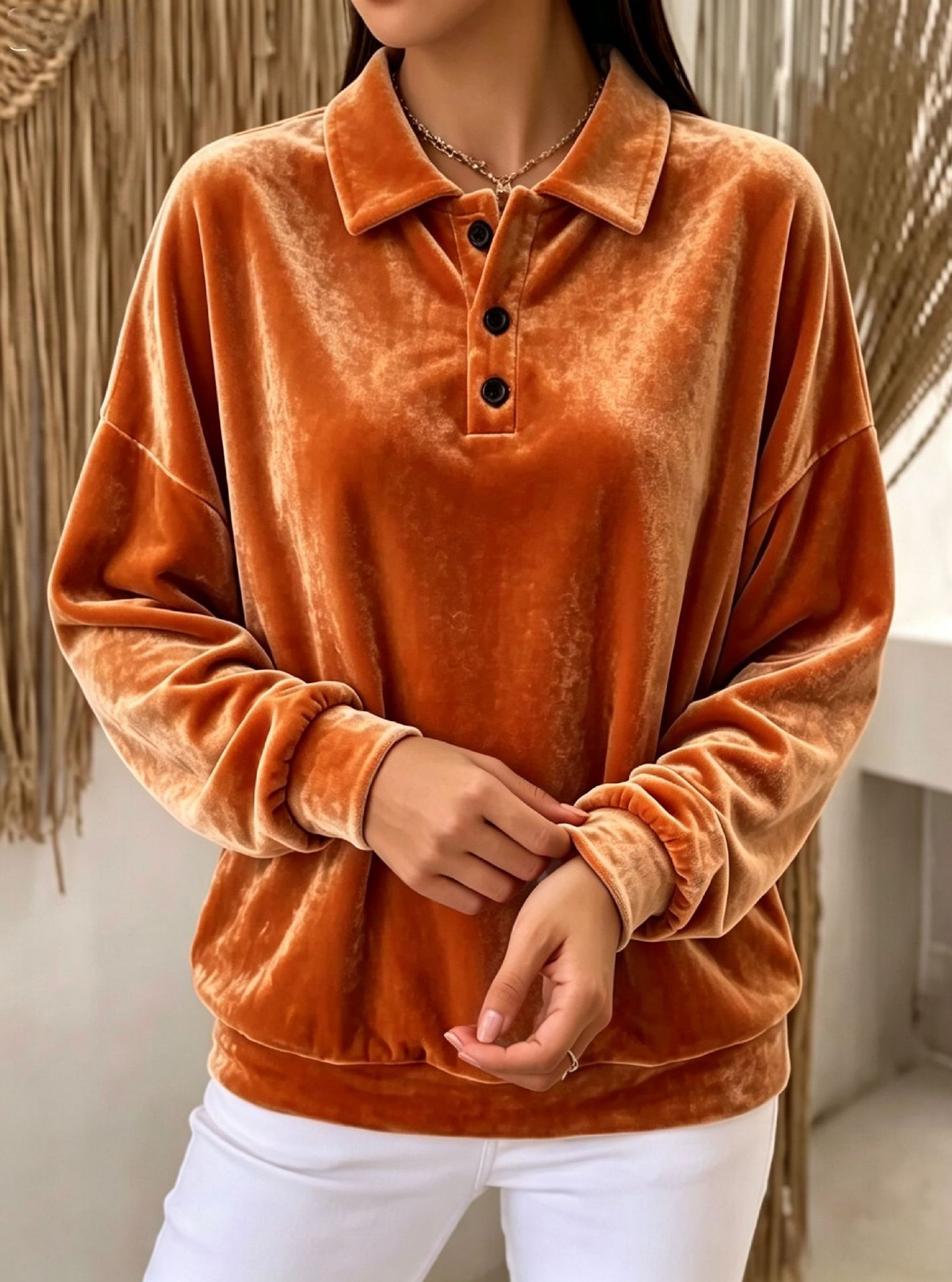Velvet Sweatshirt with Collar Long Sleeve Solid Color Women's Casual Top
