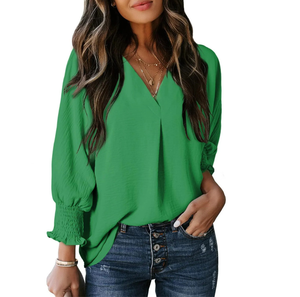 Women's V-Neck Long Sleeve Loose Blouse Top
