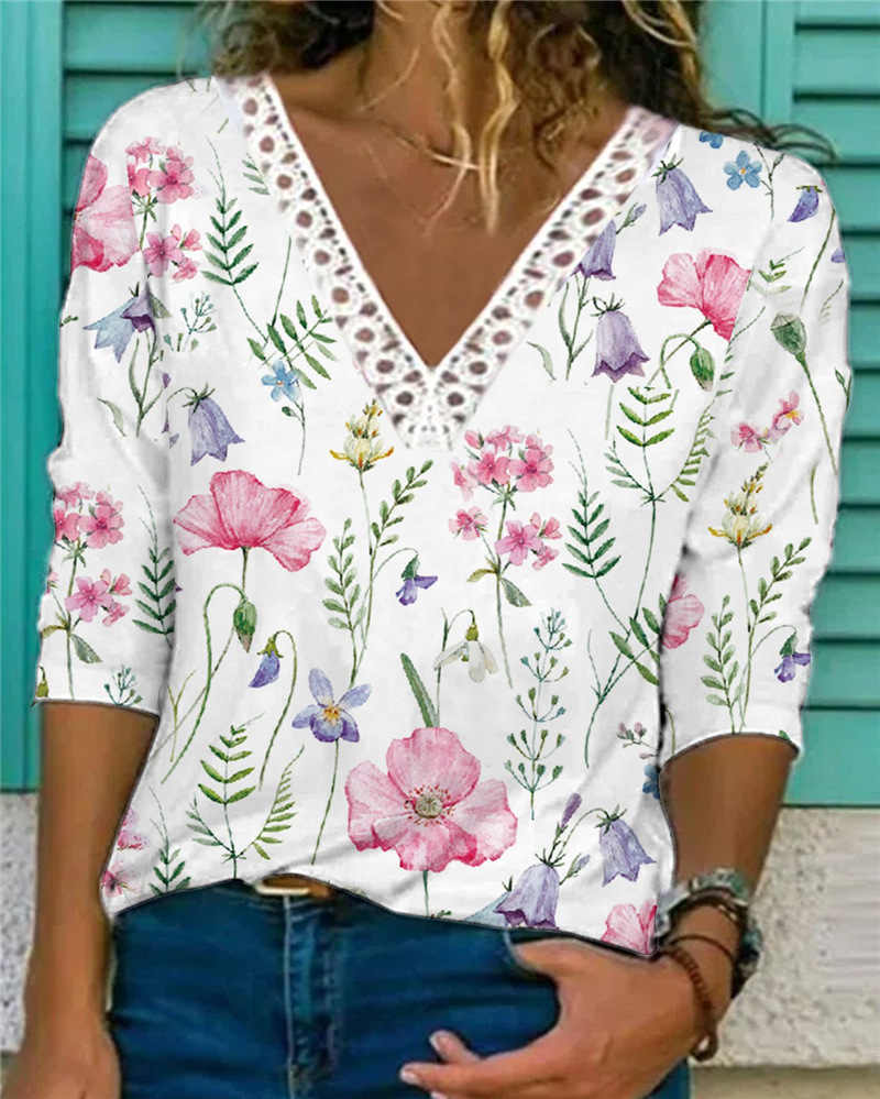 Women's Lace V-Neck Floral Print Loose Fit Long Sleeve T-Shirt