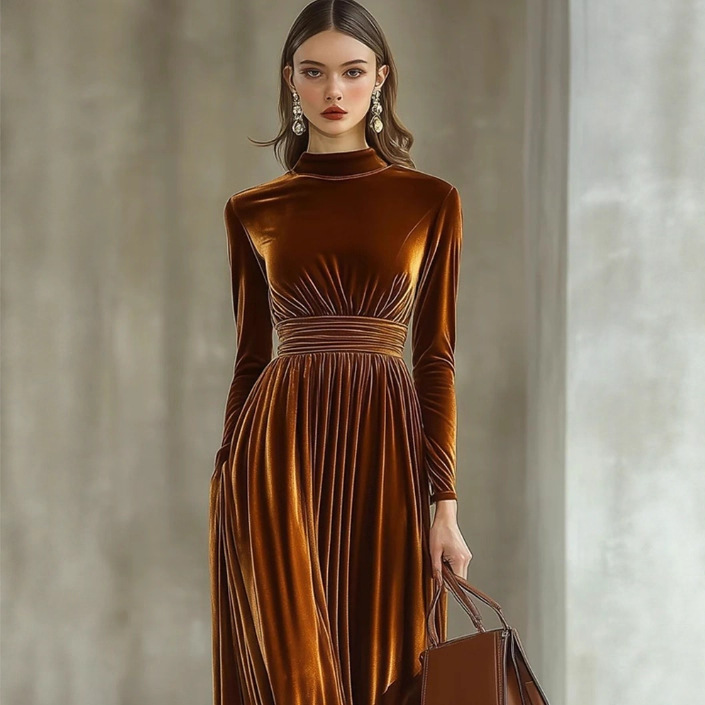 Solid Color Long Sleeve Half Turtleneck Maxi Party Dress