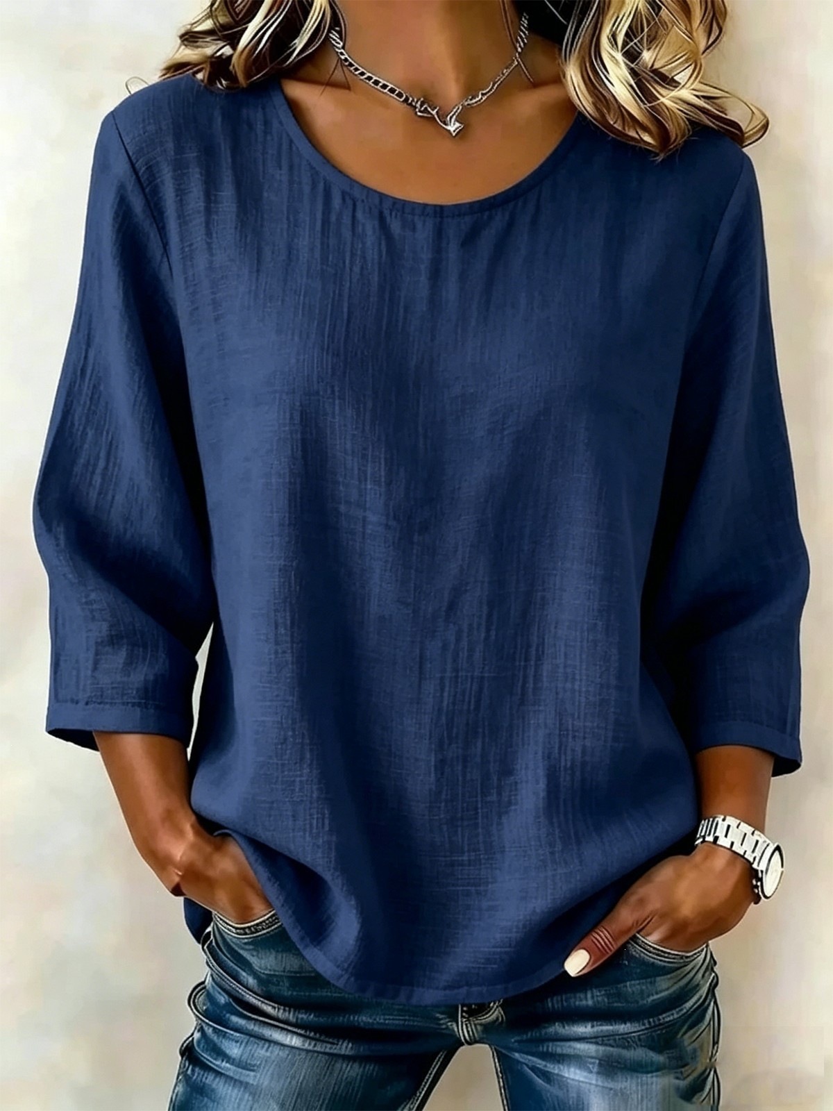 Women's Solid Crewneck Nine-Sleeve Loose Casual Top