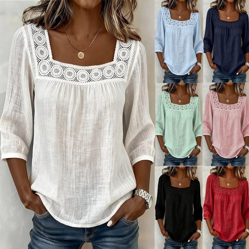Women's Summer Square Neck Lace Trim 3/4 Sleeve Cotton Linen Top