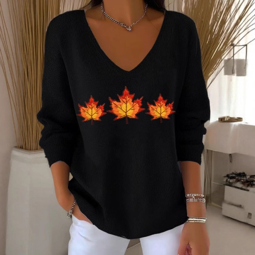 Maple Leaf Print V-Neck Long Sleeve T-Shirt