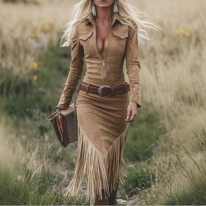 Retro Western Fringe Midi Dress with Zip and Collar