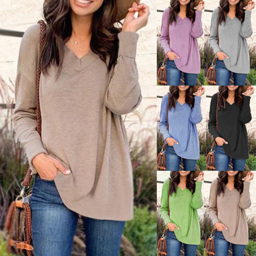 Women's Long Sleeve V-Neck Casual T-Shirt Top