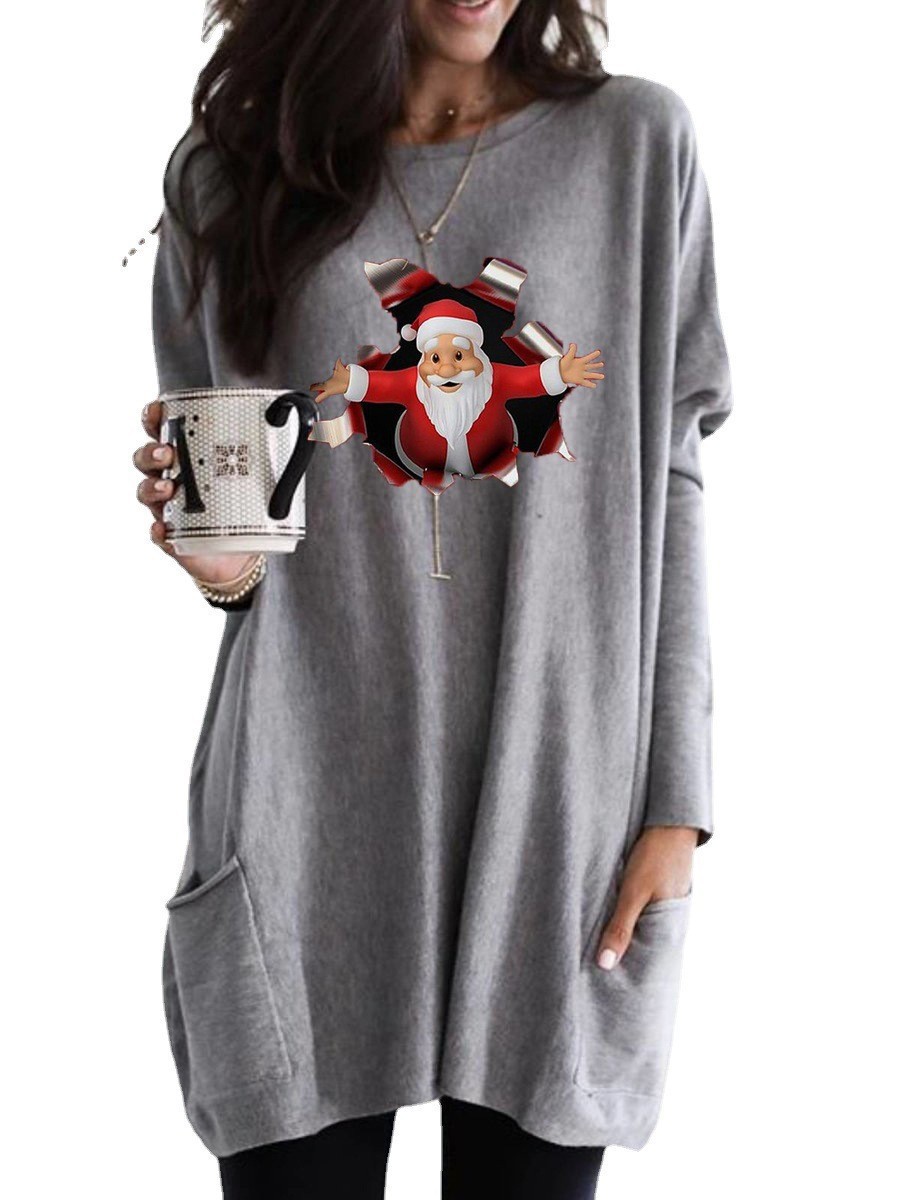 Christmas Santa Print Long Sleeve Crewneck Casual T-Shirt for Women