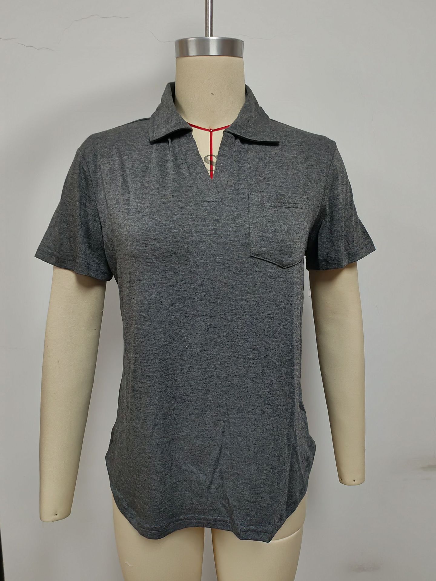 Women's Long Sleeve Solid Color Collared Loose Pocket T-Shirt