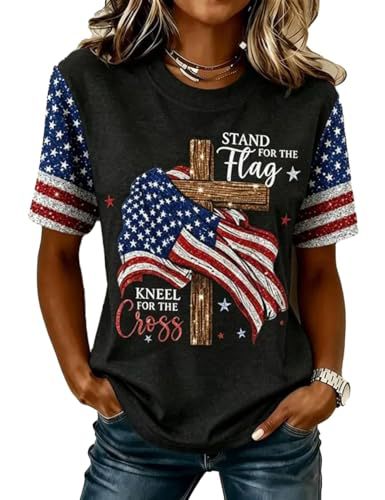 Summer Cross American Print Crewneck Short Sleeve Women's Top