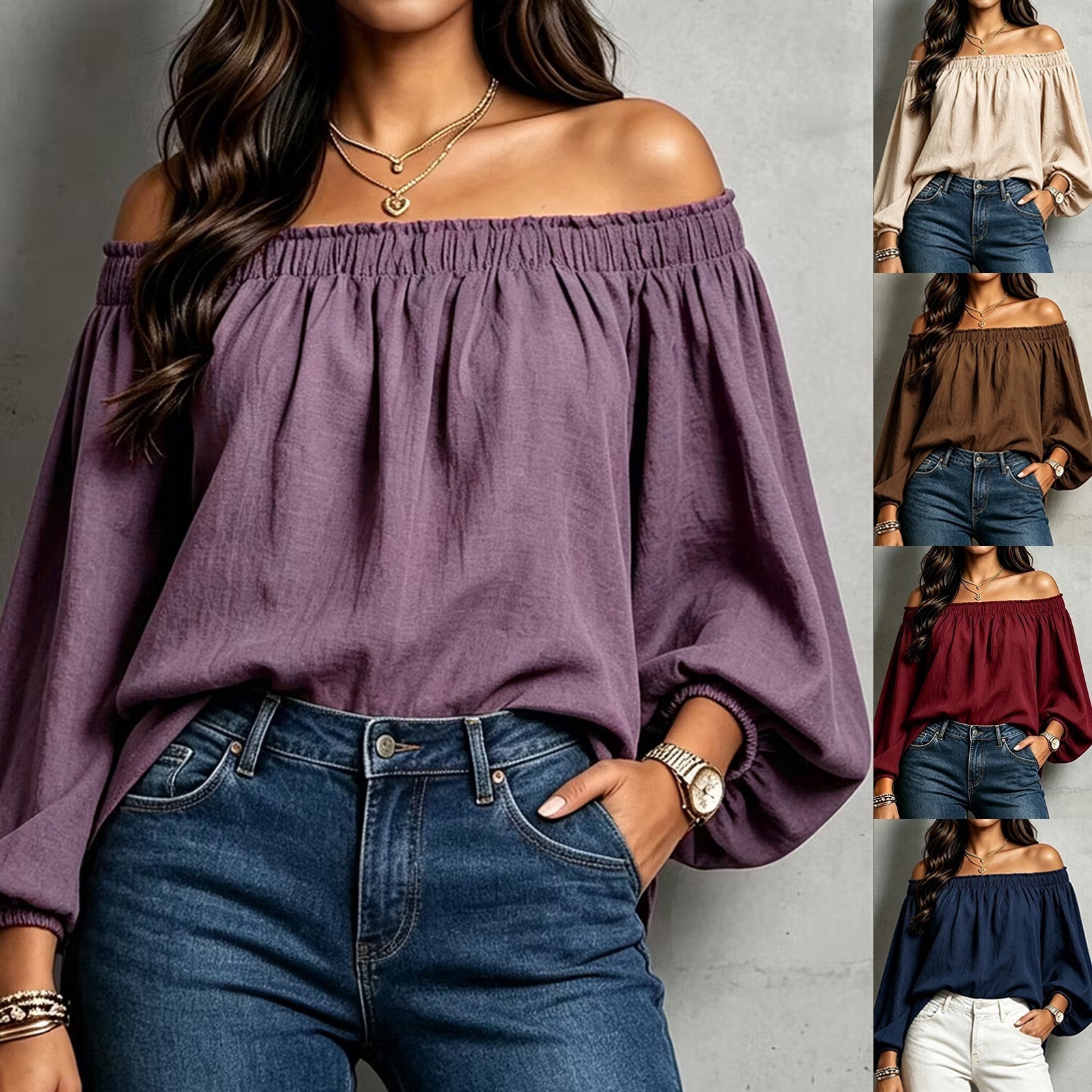 Women's Off-Shoulder One-Line Neck Loose Long-Sleeve Blouse