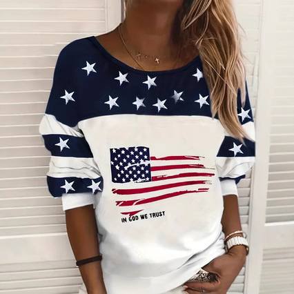 Women's Striped American Flag Print Crewneck Loose Long Sleeve T-Shirt