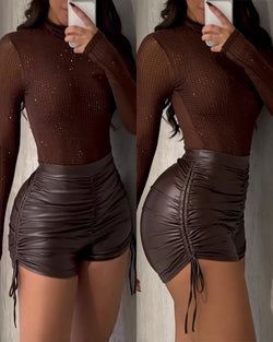 Women's Leopard Print Mesh Ruffle Trim Long Sleeve Top