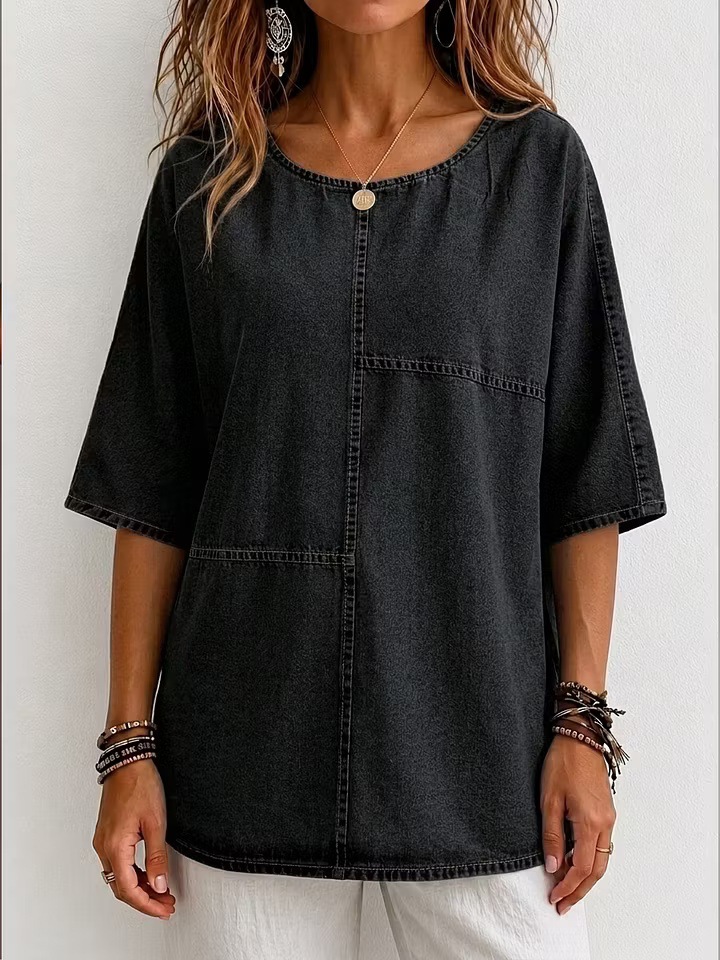 Women's Mid-Sleeve Patchwork Denim Top Casual T-Shirt