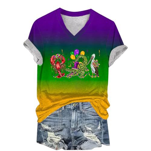 Women's V-Neck Short Sleeve T-Shirt with 3D Crayfish Crocodile Goose Print