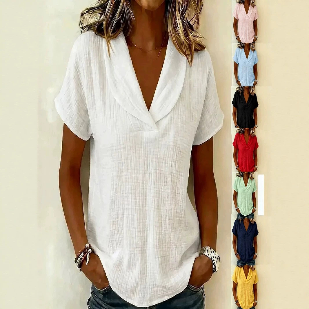 Women's Summer Knit Short Sleeve Top Linen Doll Collar Casual