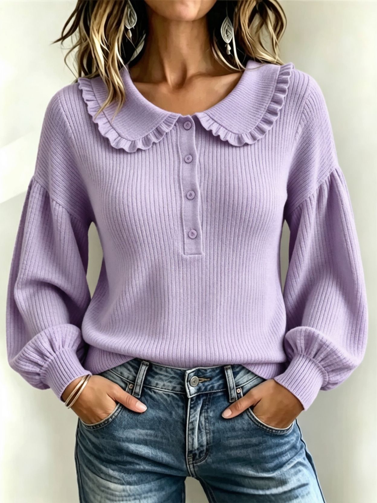Women's Ribbed Knit Ruffle Button Crewneck Long Sleeve Pullover Sweater