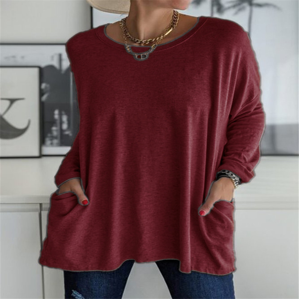 Women's Loose Fit Crewneck Long Sleeve Solid T-Shirt with Pocket