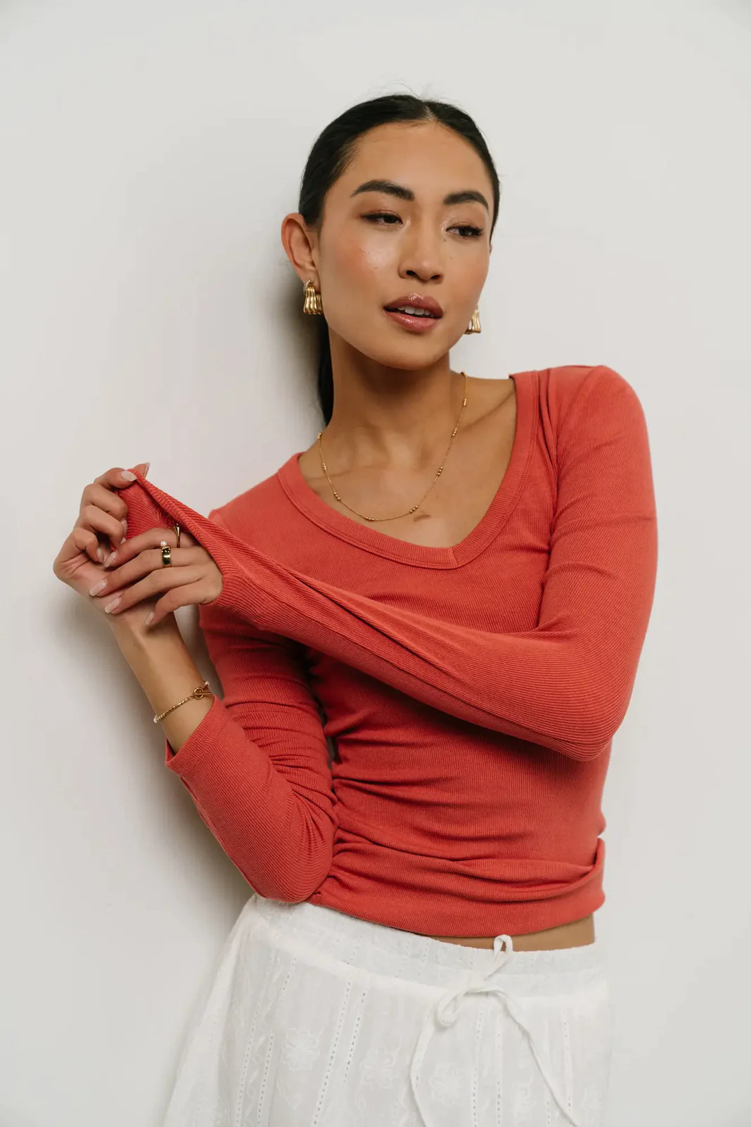 Women's Solid Long Sleeve U-Neck T-Shirt