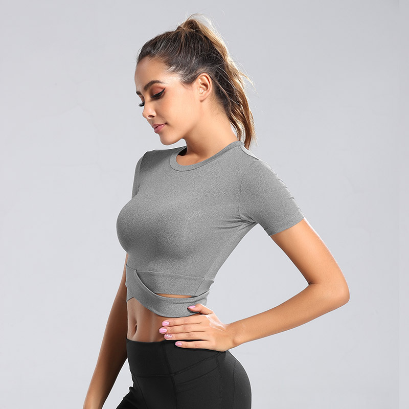 Women's Slim Fit Cross Strap Crop Top Short Sleeve Yoga Shirt