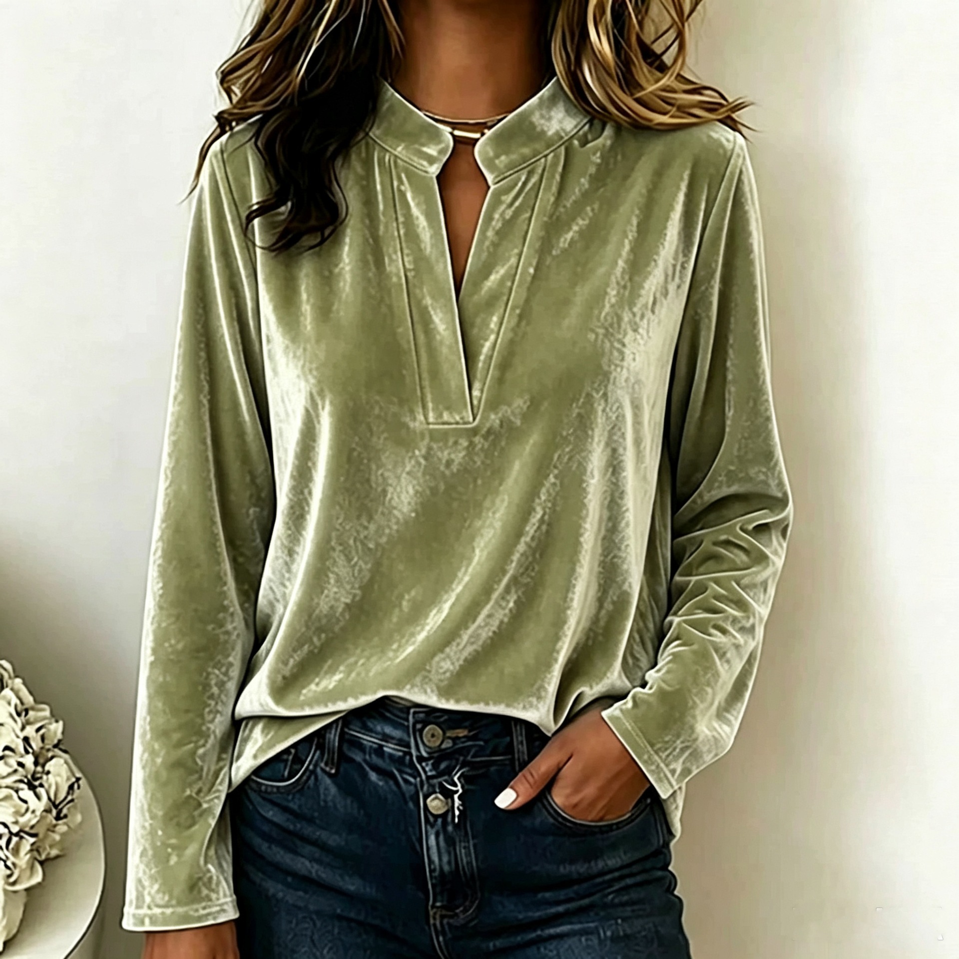 Women's Velvet Stand Collar Half-Open V-Neck Long Sleeve Casual Top