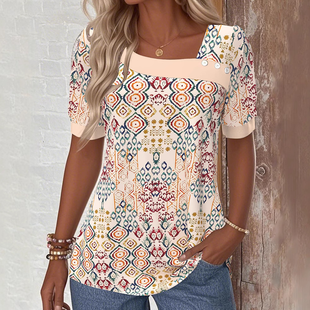 Elegant Asymmetric Neck Short Sleeve Button Print T-Shirt Top for Women