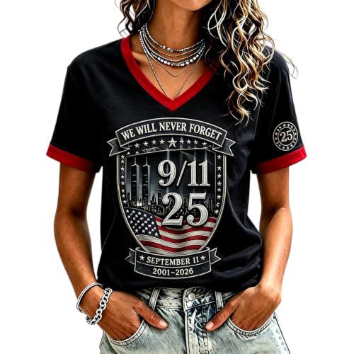 Twin Towers Anniversary Print V-Neck Short Sleeve Women's T-Shirt