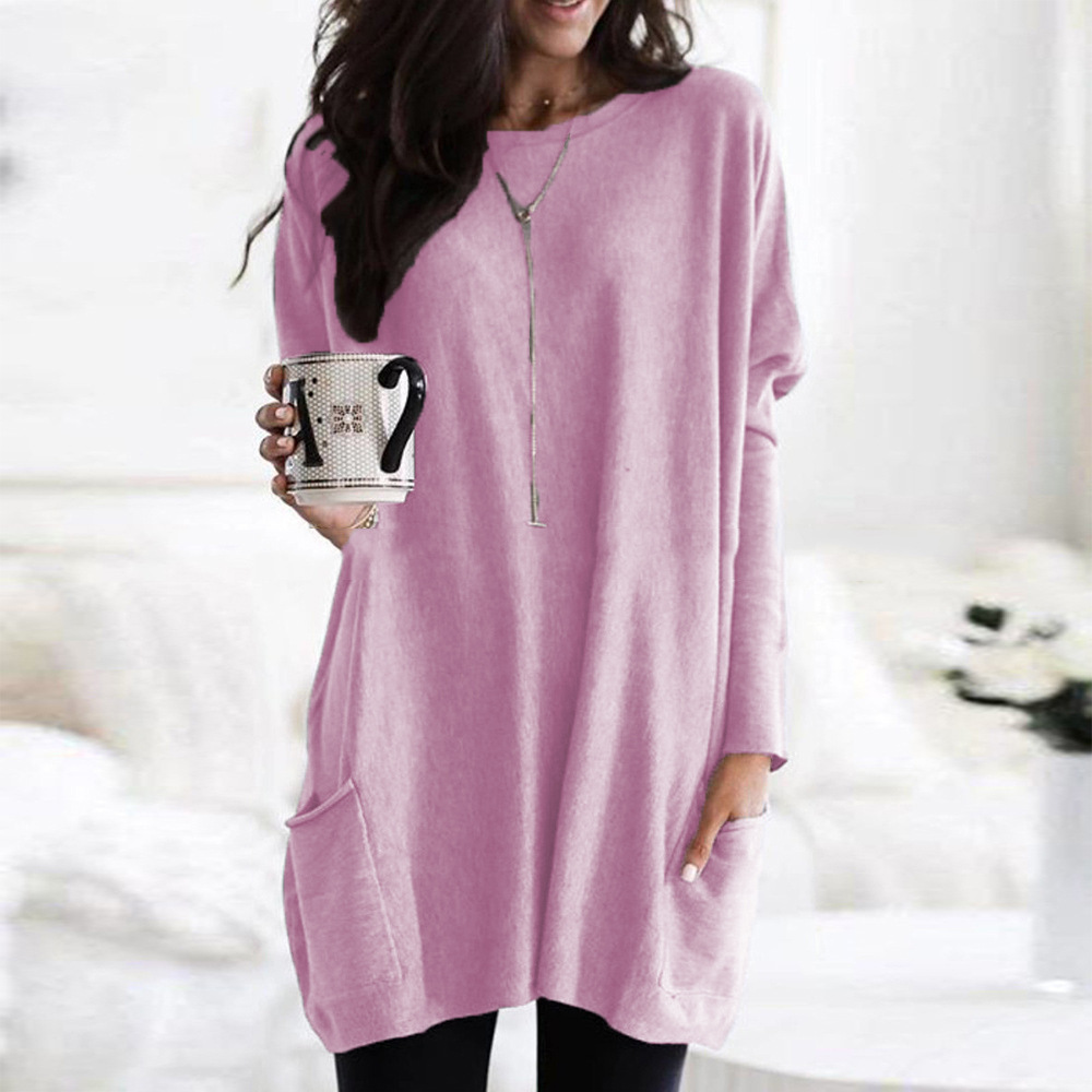 Women's Long Sleeve Pocket T-Shirt Casual Loose Fit Solid Color