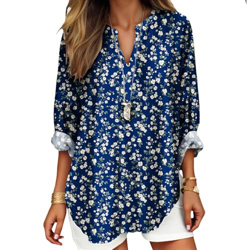 Women's Floral Polka Dot Print V-Neck Long Sleeve T-Shirt