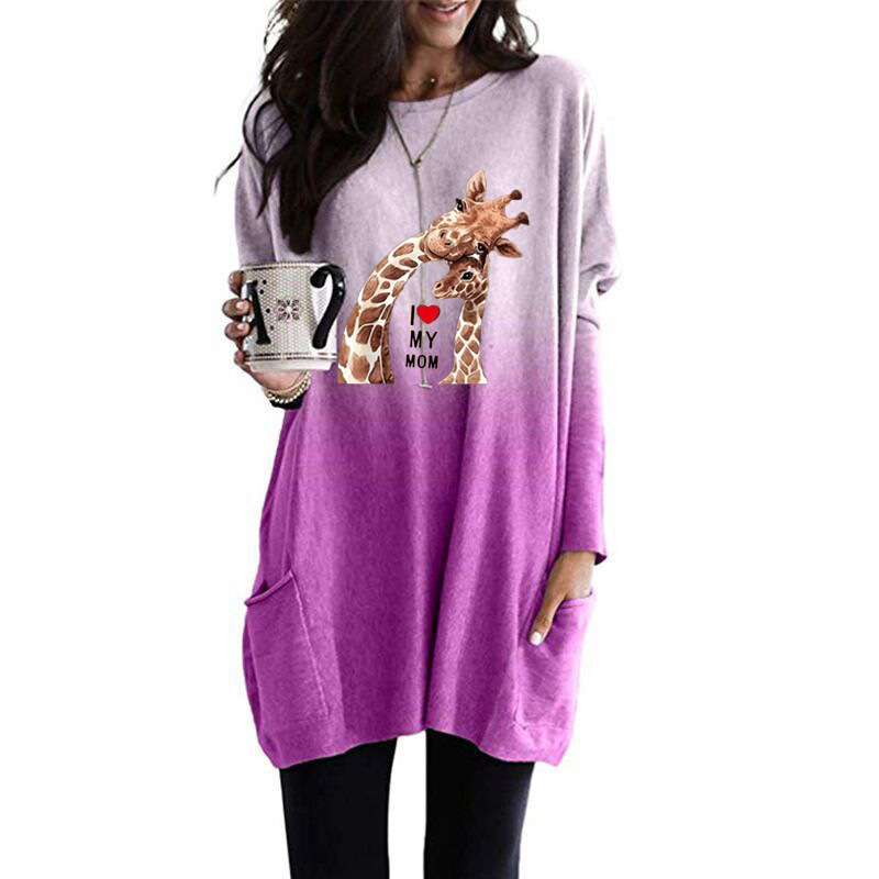 Giraffe Print Crewneck Long Sleeve Pullover T-Shirt
