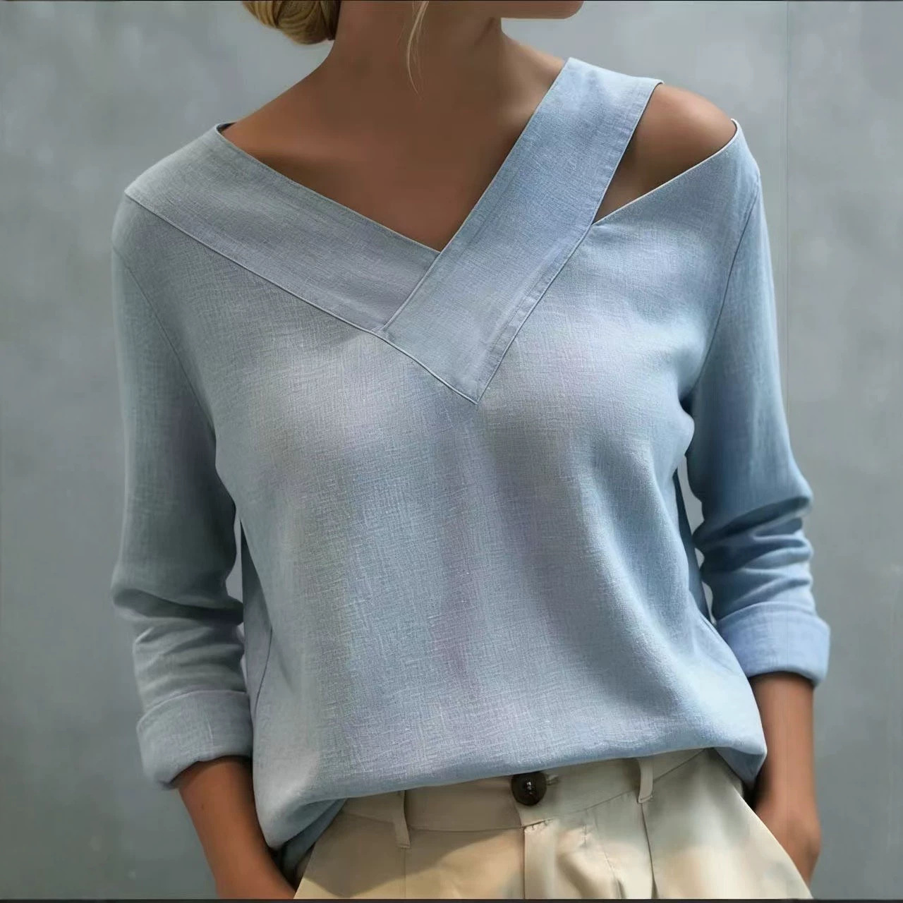 Elegant Off-Shoulder V-Neck Long-Sleeve Solid Top