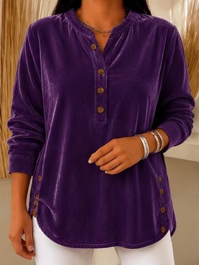 Women's Velvet V-Neck Button Long-Sleeve Loose Fit T-Shirt