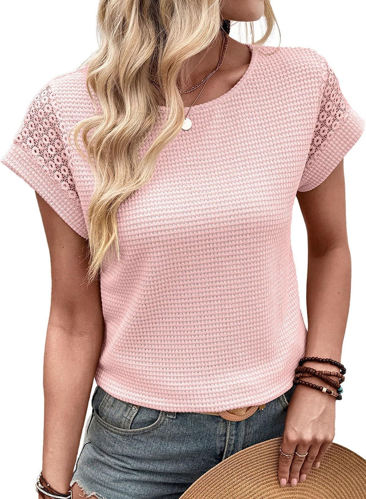 Women's Waffle Knit Lace Hollow-Out Short-Sleeve Crewneck T-Shirt
