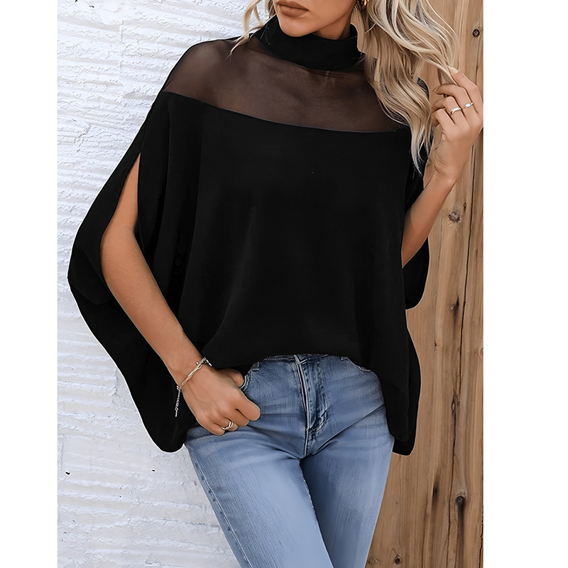 Women's Sheer Mesh Off-Shoulder High-Neck Top with Batwing Sleeves