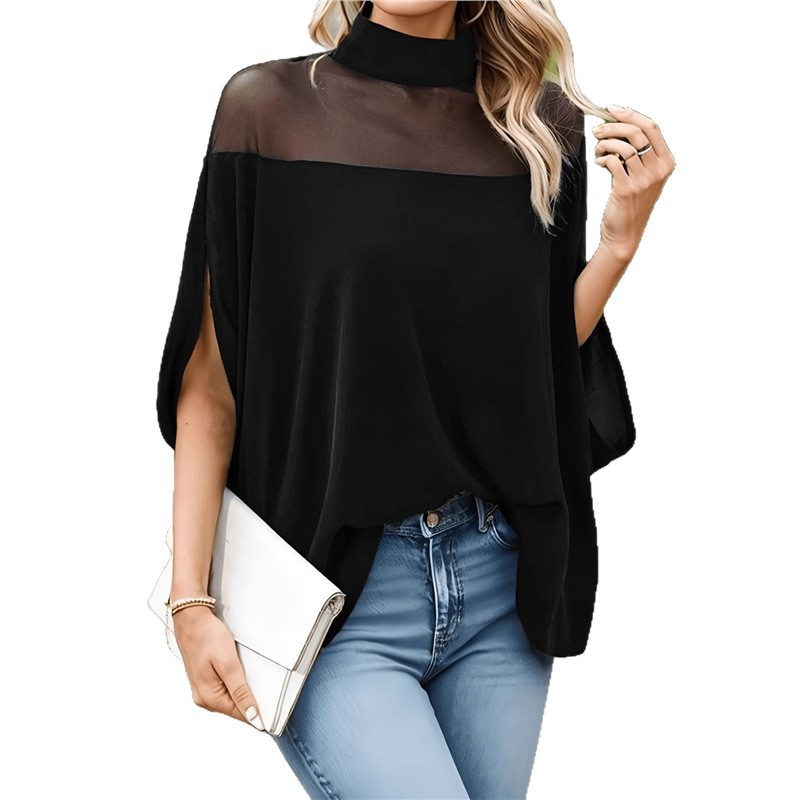 Women's Sheer Mesh Off-Shoulder High-Neck Top with Batwing Sleeves