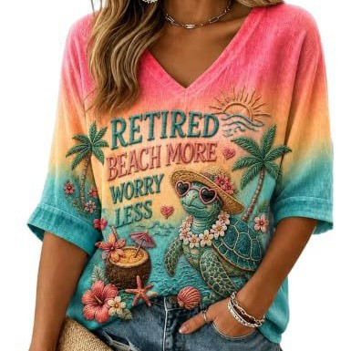 Women's Summer V-Neck Half-Sleeve Printed T-Shirt