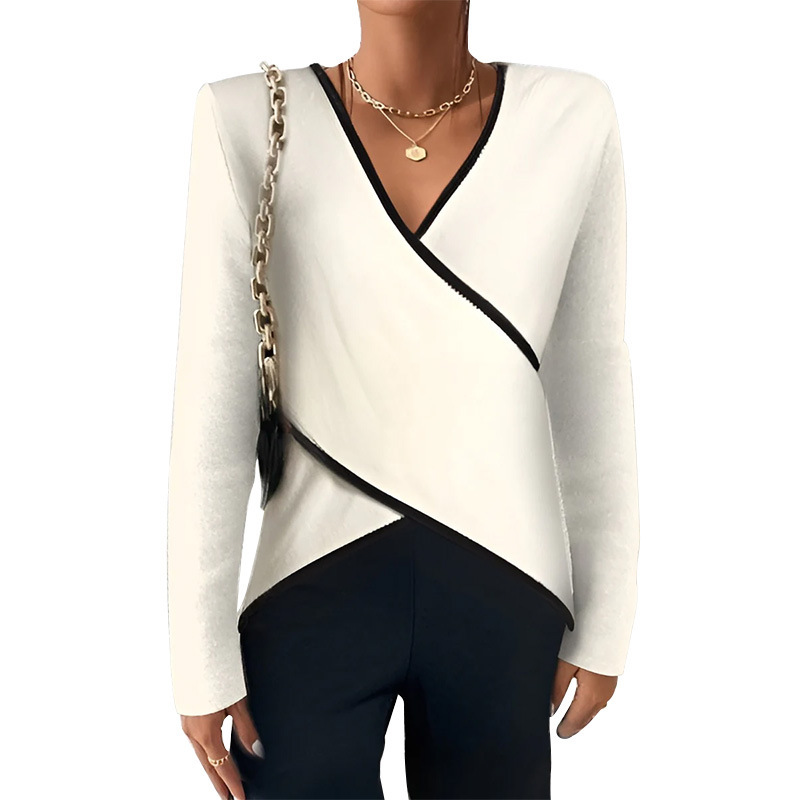 V-Neck Cross Hem Long Sleeve T-Shirt