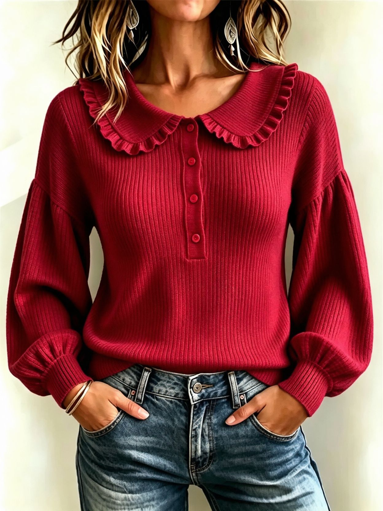 Women's Ribbed Knit Ruffle Button Crewneck Long Sleeve Pullover Sweater