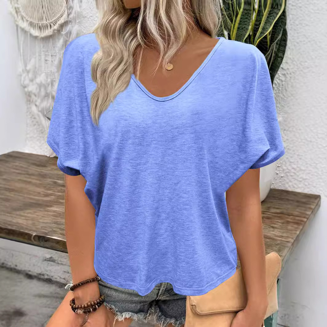Women's Ruched V-Neck Short Sleeve T-Shirt Candy Color Loose Casual
