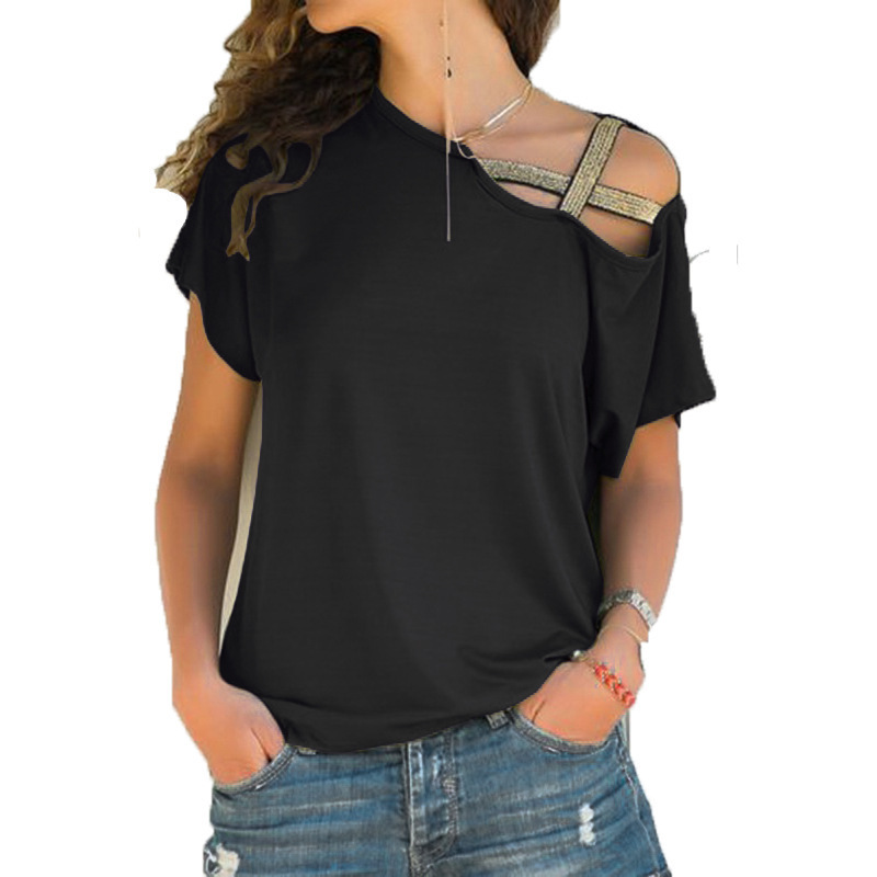 Women's Casual One-Shoulder Cross Irregular Short Sleeve T-Shirt