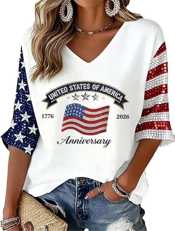 American Flag Fireworks Print V-Neck Short Sleeve T-Shirt for Women