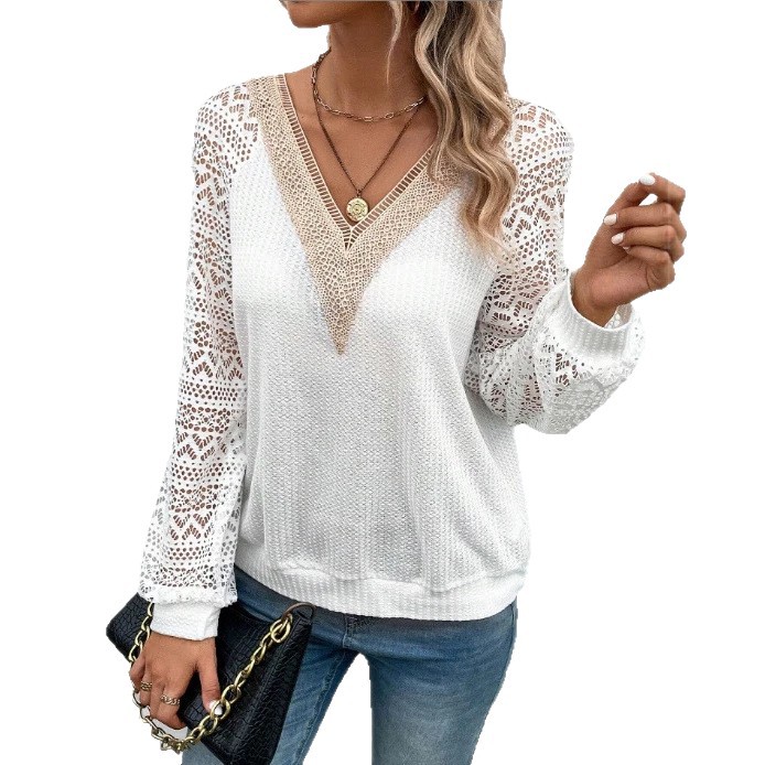 Long Sleeve V-Neck Lace Panel Sheer Casual T-Shirt