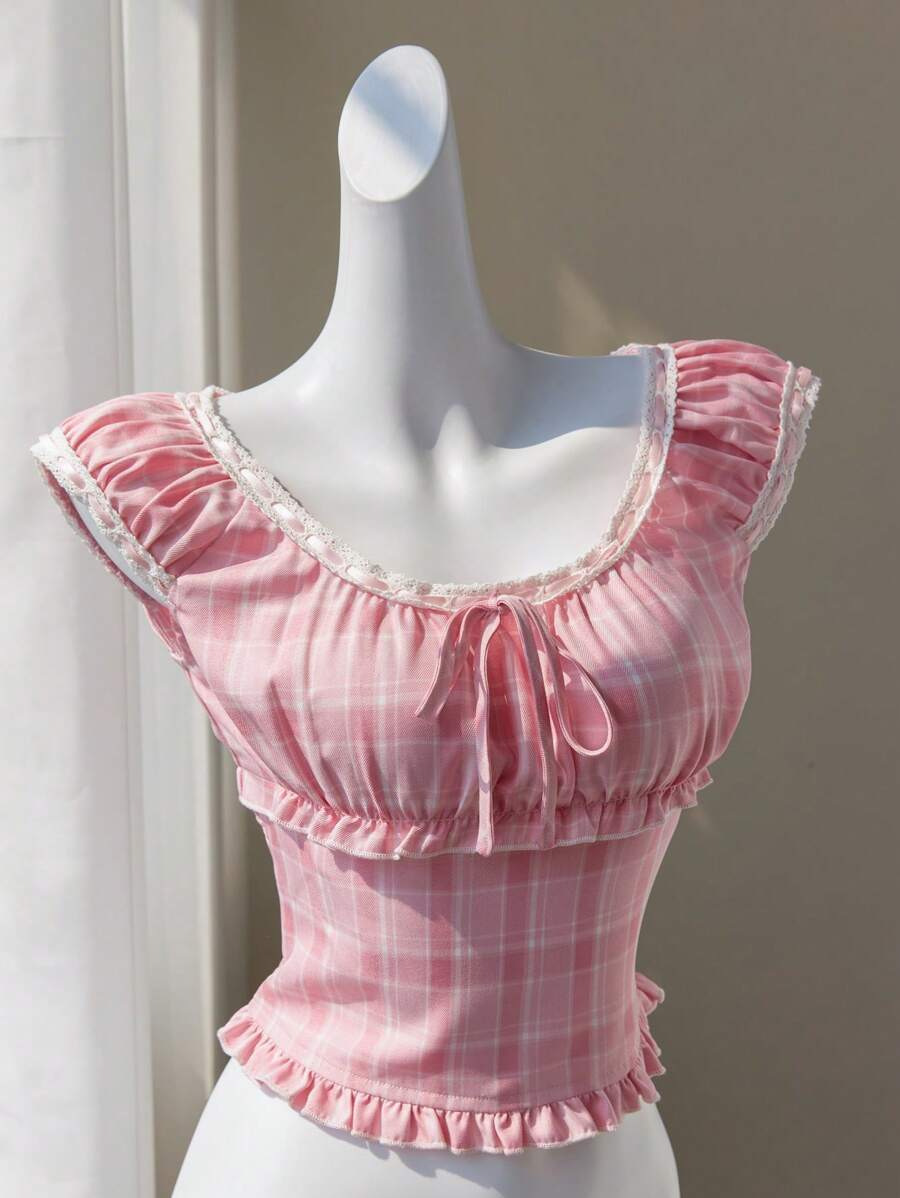 Plaid Lace-Trim Bow Tie-Front U-Neck Top